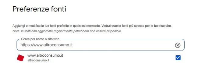 Schermata Google Fonte preferita Altroconsumo